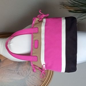 kate spade ♠️ New York Pink Beige Black Striped Cloth Canvas Tote Bag Purse.